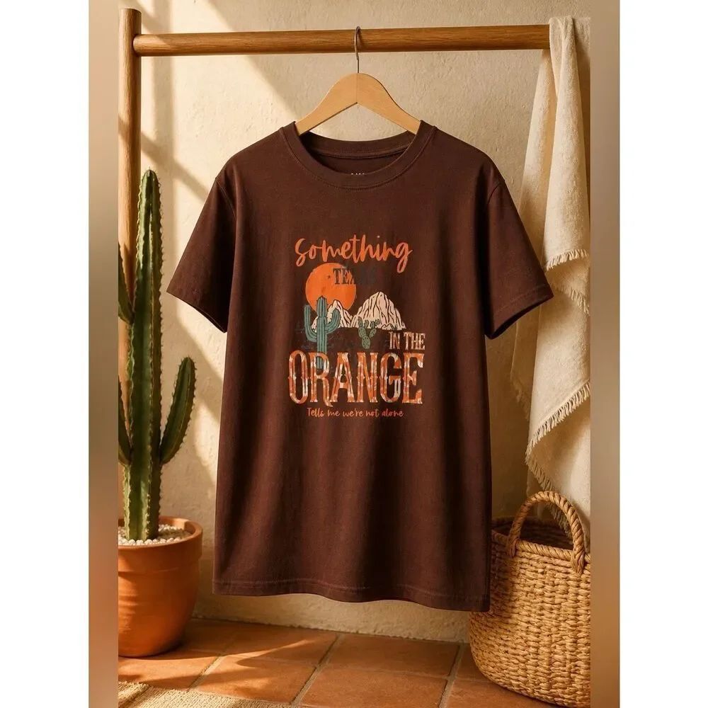 Brown Graphic T-Shirt with Orange Print Size Medium